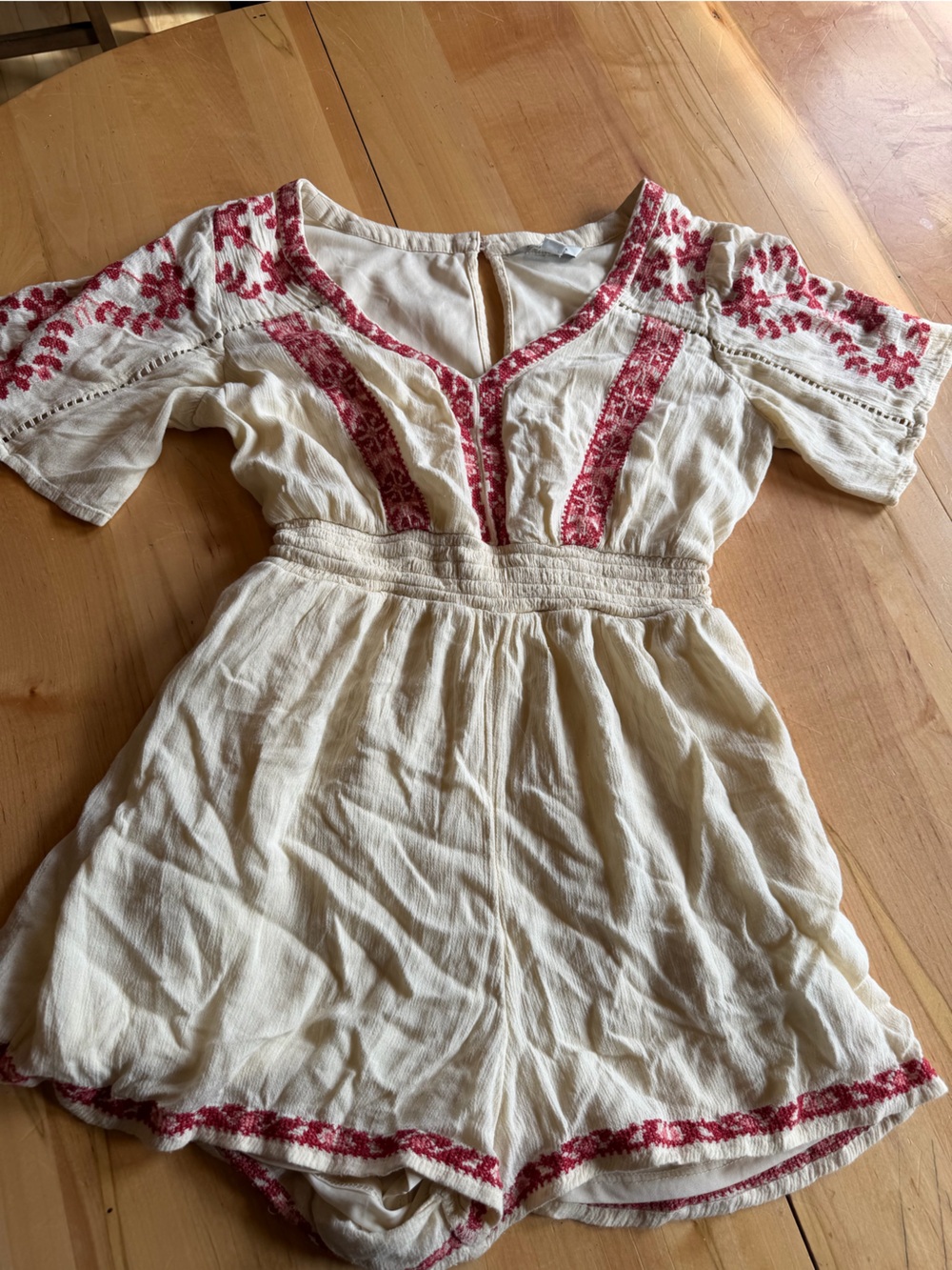 American Eagle Outfitters Cream Romper with Red Embroidered Trim